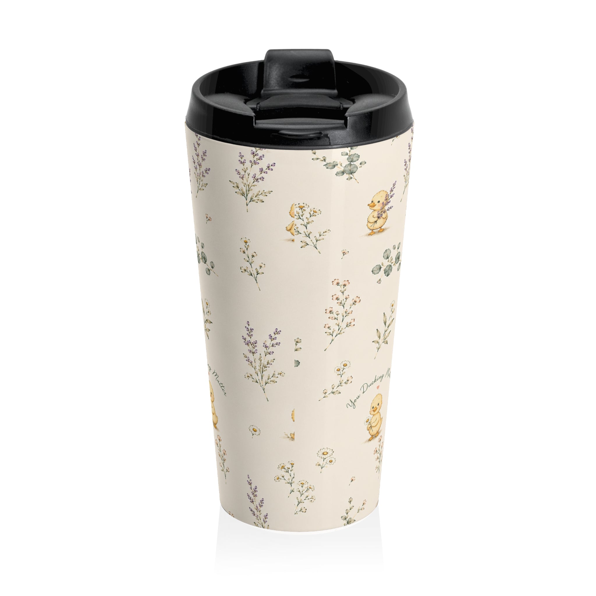 Watercolor Duckling Pattern Travel Mug | Floral Sprigs, Pastel Nursery