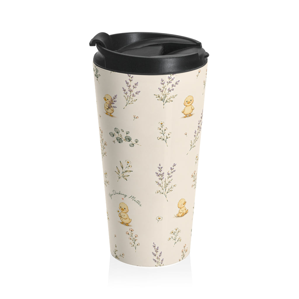 Watercolor Duckling Pattern Travel Mug | Floral Sprigs, Pastel Nursery