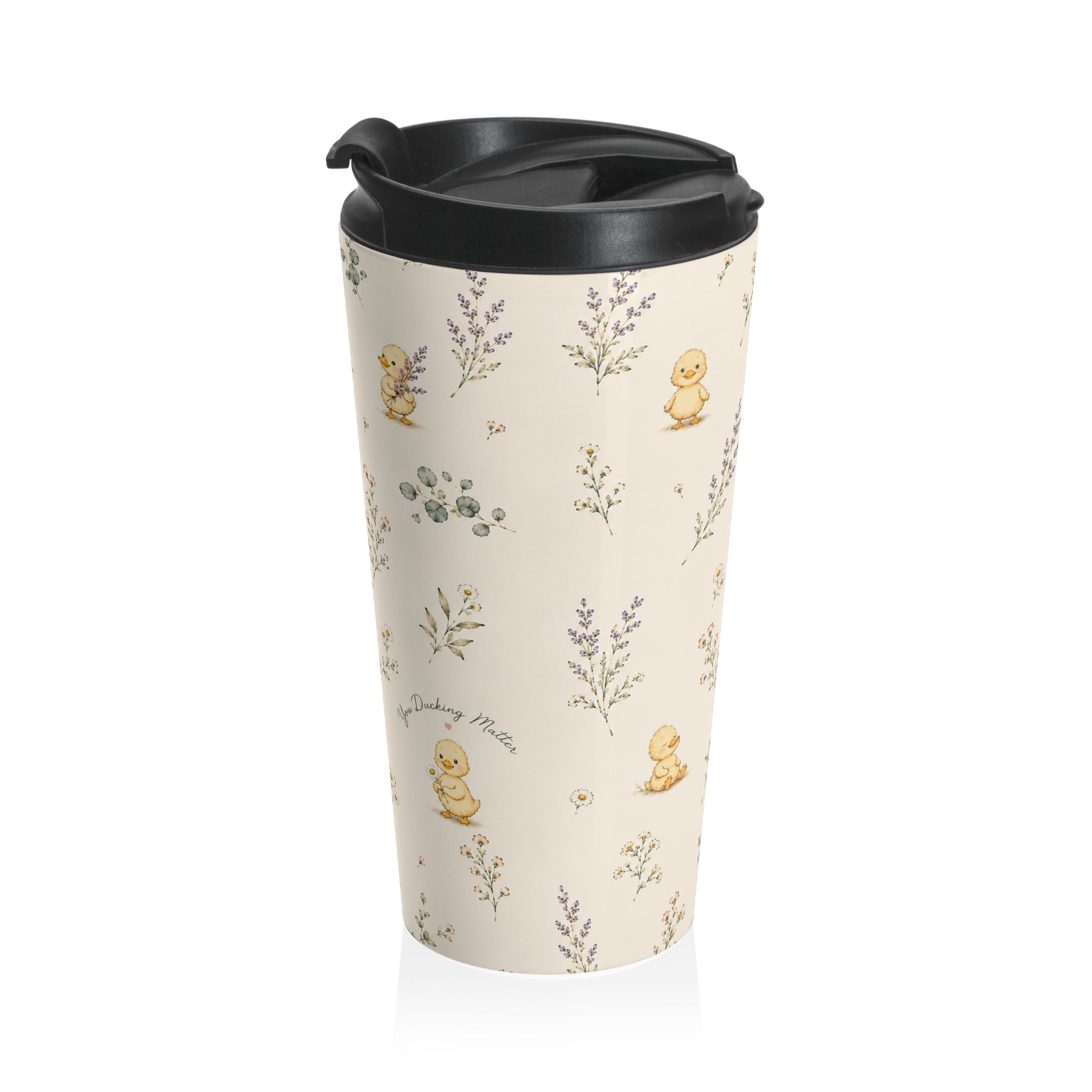 Watercolor Duckling Pattern Travel Mug | Floral Sprigs, Pastel Nursery