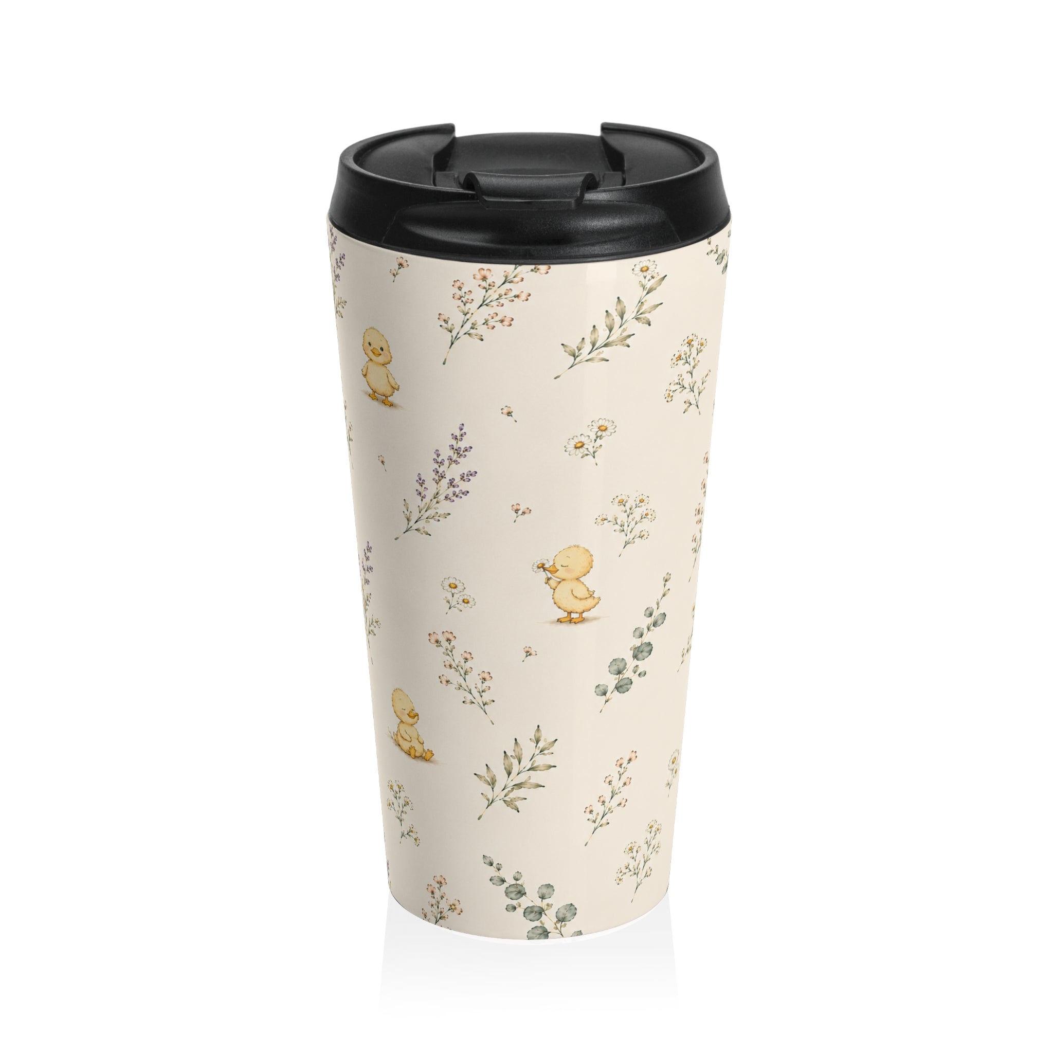 Watercolor Duckling Pattern Travel Mug | Floral Sprigs, Pastel Nursery