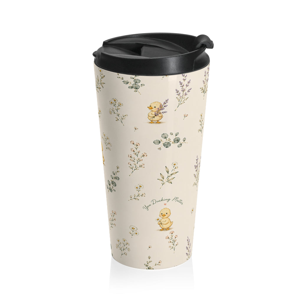 Watercolor Duckling Pattern Travel Mug | Floral Sprigs, Pastel Nursery