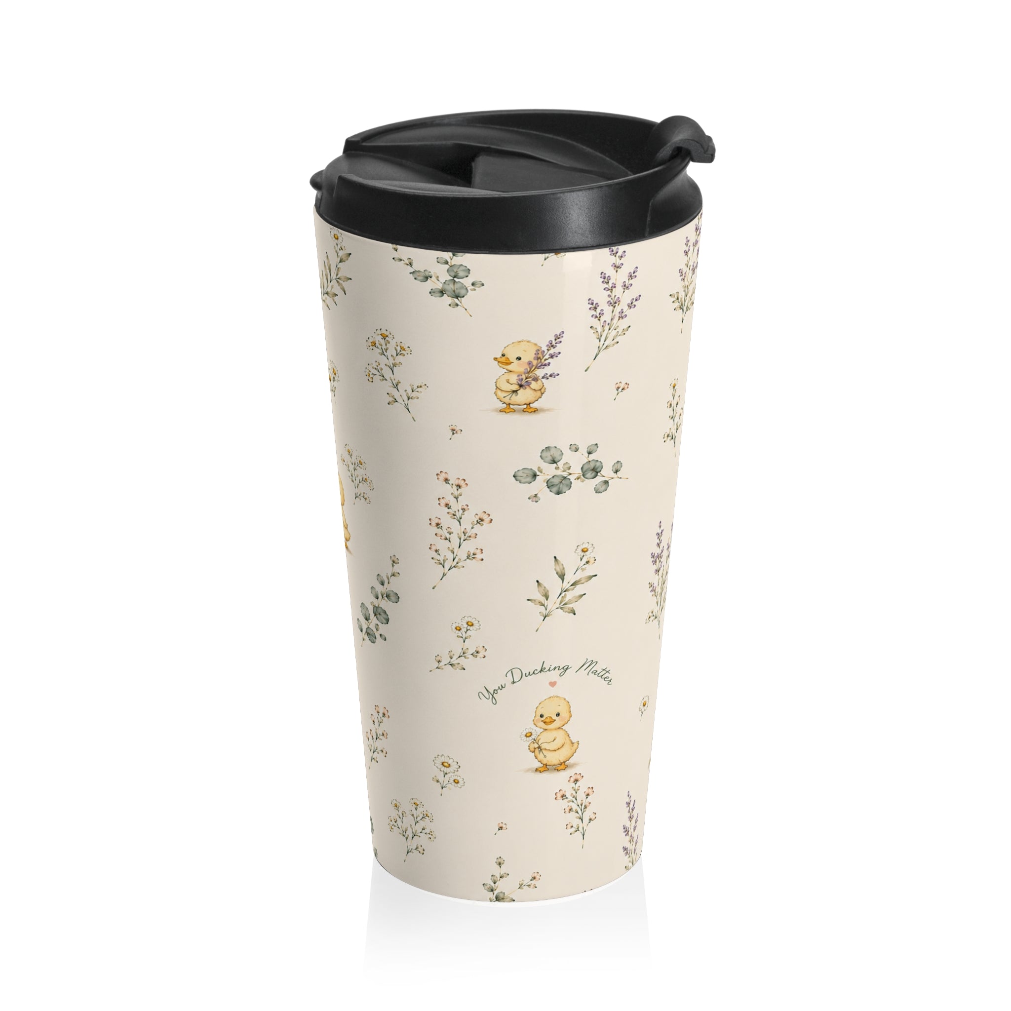 Watercolor Duckling Pattern Travel Mug | Floral Sprigs, Pastel Nursery